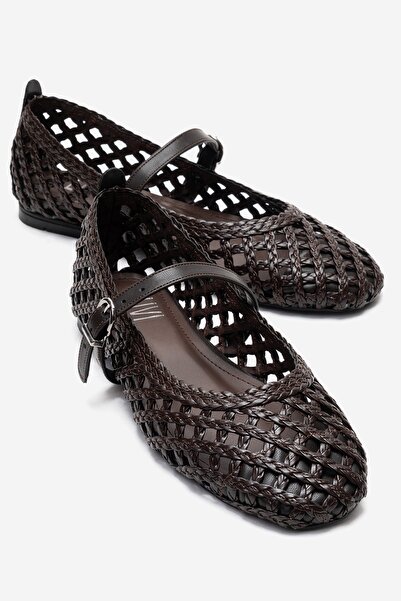 LuviShoes DOUX Kahverengi Örgü Dokulu Bant Detaylı Kadın Babet Ayakkabı