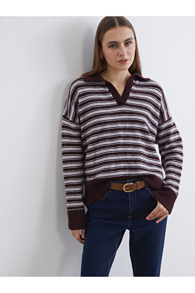 LC Waikiki Peak New Season Polo Neck Striped Oversized Women's Knitwear Sweater