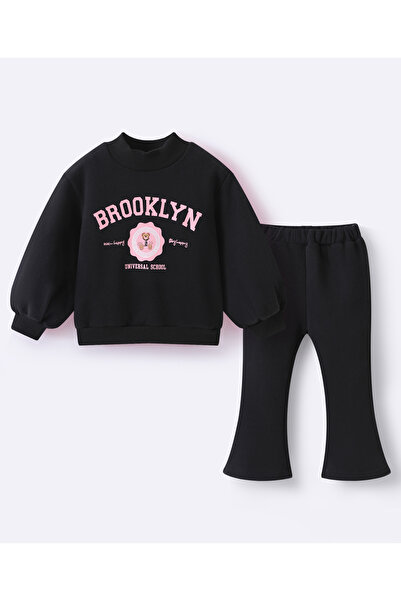SAPS طقم بلوزة بأكمام طويلة وحواف مضلعة بنقشة بروكلين وبنطال واسع - أسود