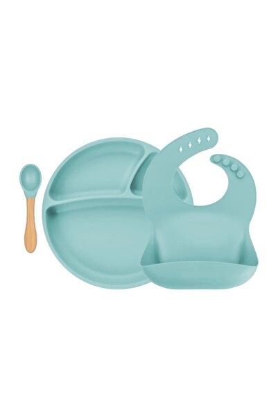 OiOi Silicone Feeding Set with Bamboo Spoon - Aqua Green (Baby Bib, Plate, Ba...