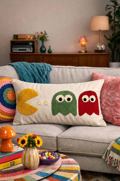Pilloveland Punch Embroidered Throw Pillow Cover - 50X30 cm - Pacman - Pnk001