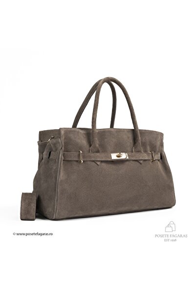 Posete Fagaras Celina Purse - Suede - Taupe, Genuine Leather Office Bag, Hand...