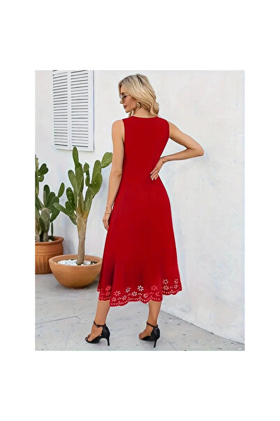 7 Cihan    فستان نسائي بدون أكمام بطبعة زهور مقطوعة بالليزر بطول متوسط من الك...