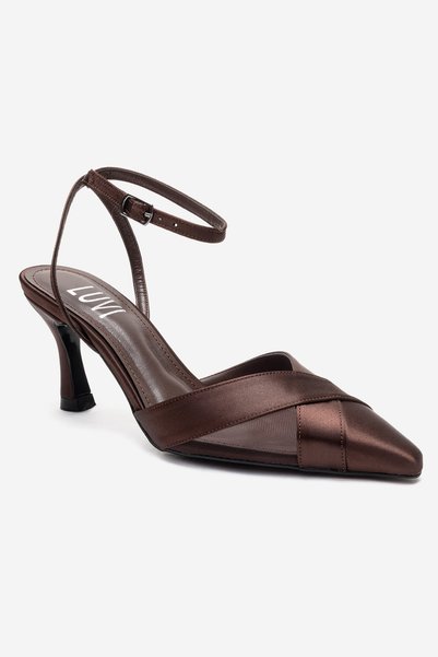 LuviShoes Estela Brown Satin Mesh Detailed Women's Heeled Shoes