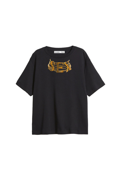 CİNEMA MODA Tricou negru pentru femei, cu imprimeu Gold Charm, croială relaxată