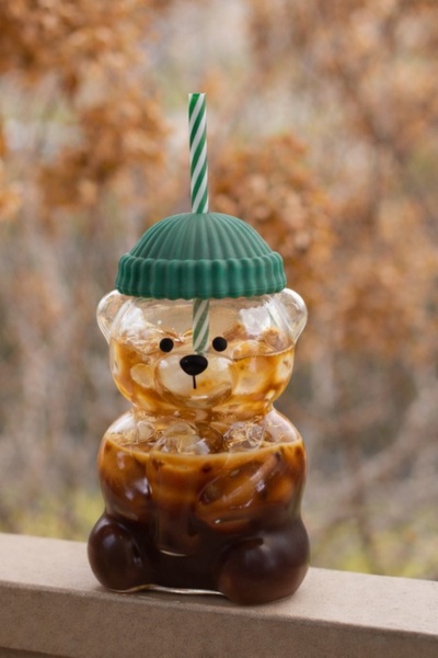 Şener collection Bearista Premium Teddy Bear Glass Cup with Straw and Lid, Cu...