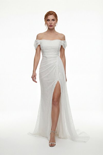 Lafaba Women's White Slim Fit Boat Neck Lace Long Evening Dress