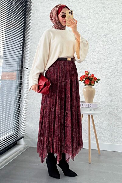MELEK ARAZ Asymmetrical Cut Lined Tulle Midi Skirt - Burgundy