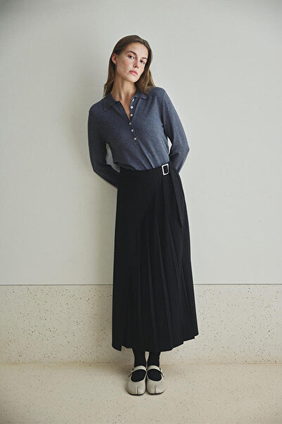 BE BLUE Black Pleated Asymmetric Skirt