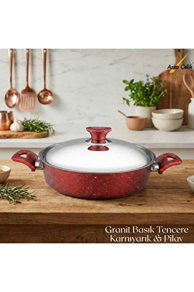 Arzu Çelik 26 cm Granite Pot & Pilav Pot Steel Lid - Red