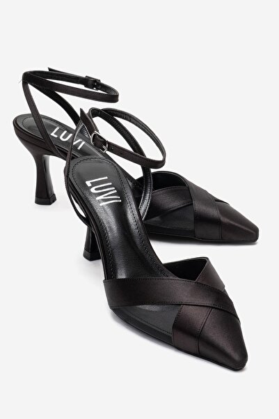 LuviShoes ESTELA Siyah Saten File Detaylı Kadın Topuklu Ayakkabı