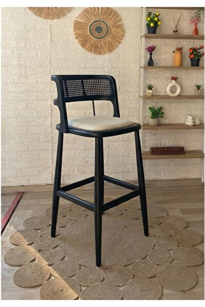 silla Concept Odin Bar Sandalyesi Teddy Krem Kumaş Hasırlı Siyah Ahşap Ada Sa...