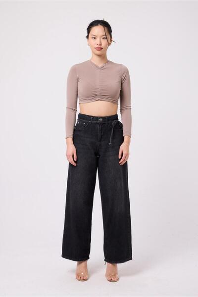 Ucajean Uca Jean Women's Black High Waist Lace-Up Wide Leg Jean Pants