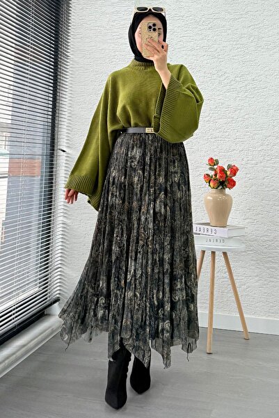 MELEK ARAZ Asymmetrical Cut Lined Tulle Midi Skirt - Green