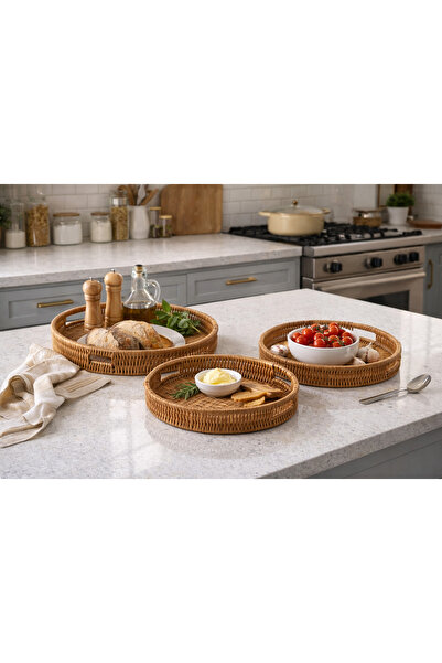 KELEN DEKORASYON 3’lü Yuvarlak Bohem Hasır Sunum Tepsisi İskandinav Modern