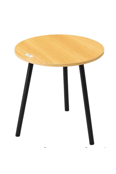 OKAE Round wooden serving table in a light wood color with black legs, a warm...