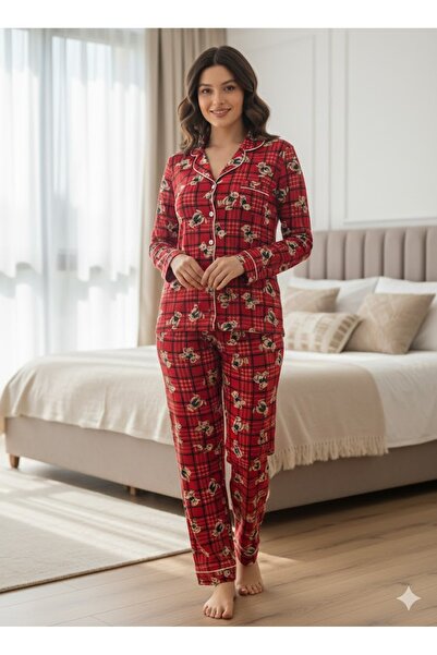 LİPARİS Σετ πιτζάμες από σουέτ βελούδο με μακριά μανίκια, καρό σχέδιο, κουμπι...