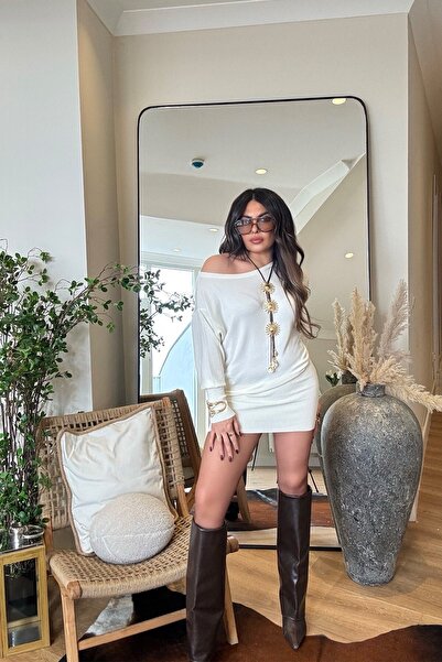 Sohotique By P Boat Neck Slim Knitwear Dress Ecru