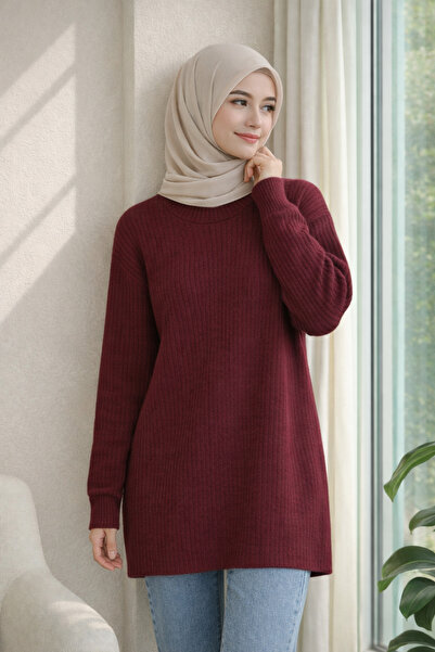 Kirazgym Ribbed Long Knit Sweater - Burgundy