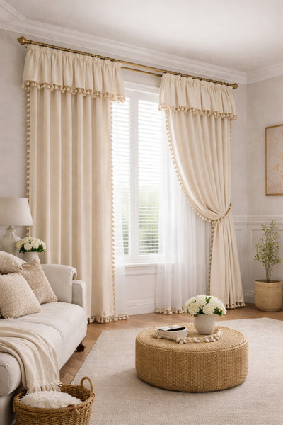 perde plus Linen-Look Drapery Curtain with Ruffle, Cream Tasseled – for Living Room, Bedroom, Kitchen, Children's Room, Balcony