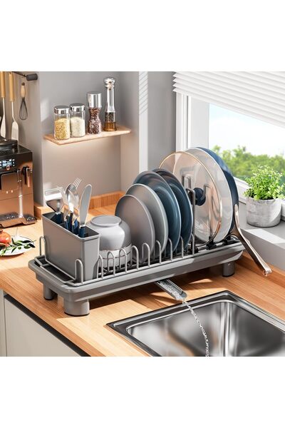 Arabest رف تجفيف أطباق صغير مزود بلوح تصريف وحامل أدوات قابل للإزالة، موفر لل...