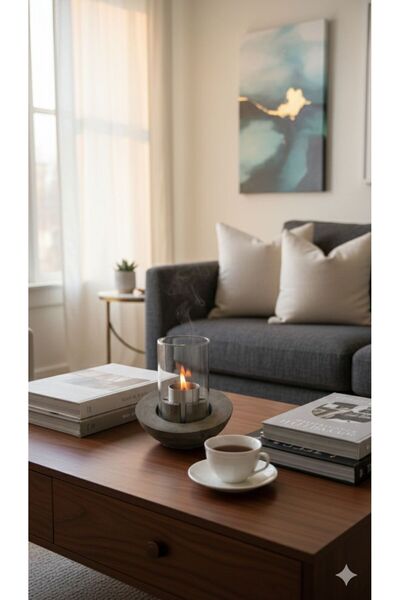 BeeCandleHome Bacasız Beton Masaüstü Şömine - Dumansız Şömine Yakıtı - koyu renk