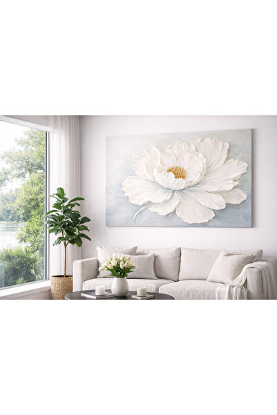 My canvas Modern Beyaz Çiçek Rölyef Tablo | Çerçevesiz Yatay Kanvas Duvar Tab...