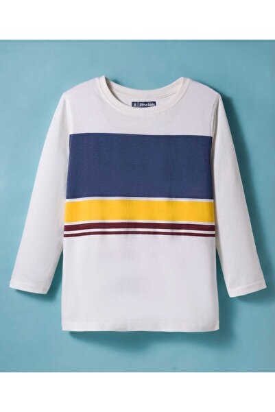 Pine kids Cotton Knit Full Sleeves T-Shirt With Stripes - White & Navy Blue