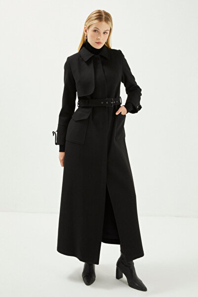 Zühre Shirt Collar Belt Detailed Cashmere Coat Black Coat 13359