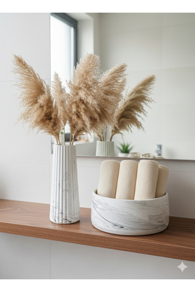 Alba Home Decor Mermer Desenli Banyo Seti - Vazo ve Havluluk - Antrasit Gri D...