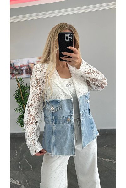 RED WOMAN FASHİON Stoned Lace Denim Detailed Set