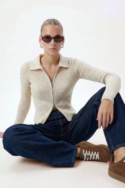 Ritnice Women's Sara Basic Soft Textured Double-Sided Zippered Cream Knitwear...