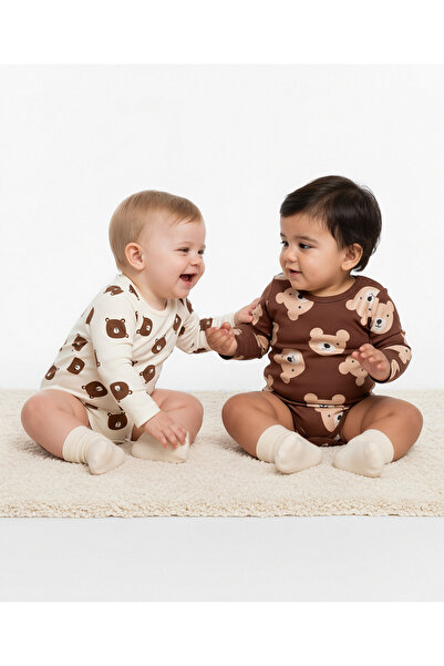 Bonfino 100% Cotton Teddy Bear Printed Onesies (Pack of 2) - Cream & Brown