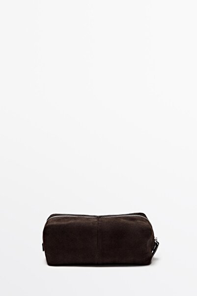 Massimo Dutti Fermuarlı süet deri makyaj çantası