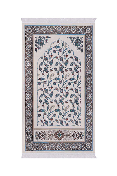 Bursa İpek White Tile Tulip Pattern Special Woven Prayer Rug