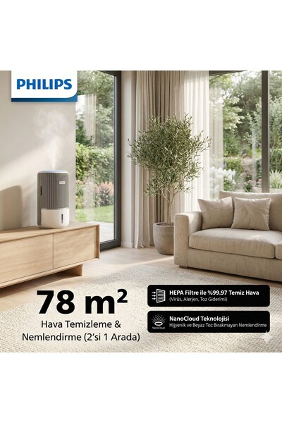 Philips 2si1 Arada Hava Temizleyici ve Nemlendirici Cihaz HEPA Filtreli Alerj...