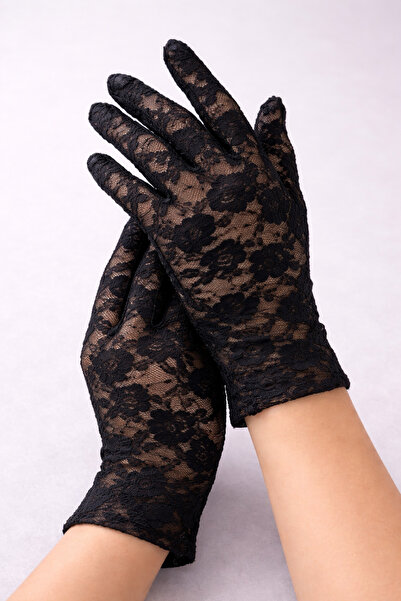 PARTİPORT قفازات نسائية سوداء من الدانتيل - قفازات شفافة من التول لفساتين الس...