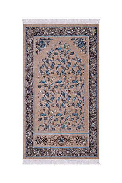 Bursa İpek سجادة صلاة منسوجة خاصة بنمط زهرة التوليب باللون البيج