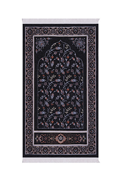 Bursa İpek Black Tile Tulip Pattern Special Woven Prayer Rug