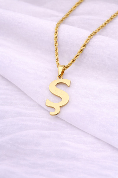 Siya Silver 316L Kararmaz Çelik Gold Renk Uzun Burgu Zincirli Harfli Kadın Kolye