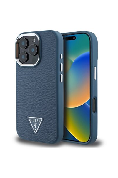 Guess Carcasă din PU cu logo triunghiular granulat pentru iPhone 16 Pro, alba...