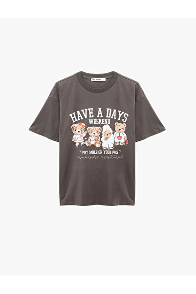 Koton Γυναικείο T-shirt με στάμπα αρκουδάκι, oversized, ανθρακί 6SAL10094IK