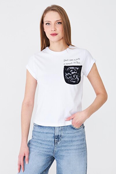 Sortie Women's Lace Pocketed Text Printed Basic Tshirt Ecru
