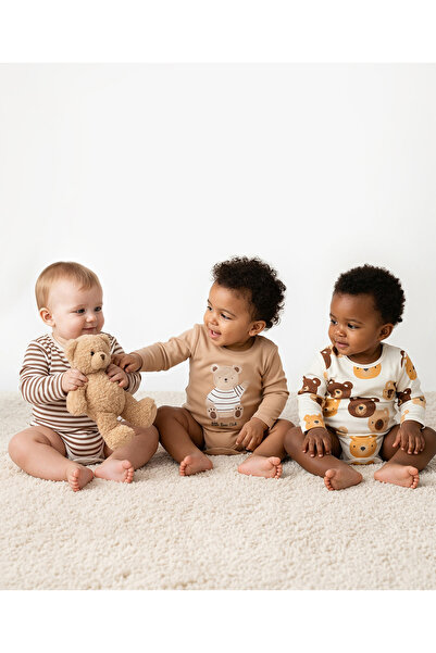 Bonfino 100% Cotton Teddy Bear Printed Onesies (Pack of 3) - White, Brown, an...