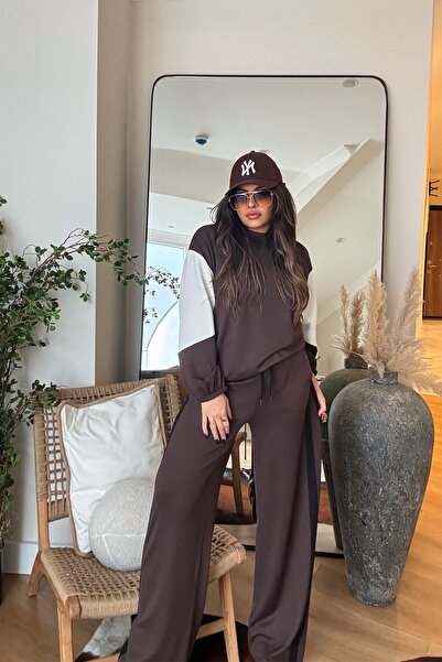 Sohotique By P Contrast Detailed Modal Tracksuit Set Brown-Ecru