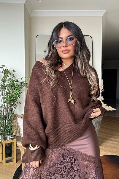 Sohotique By P Basic V-Neck Thick Cuffed Sweater Brown