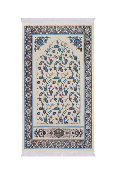 Bursa İpek Cream Tile Tulip Pattern Special Woven Prayer Rug