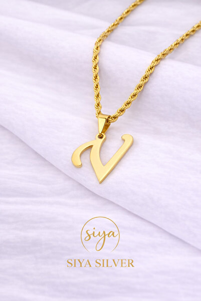 Siya Silver 316L Kararmaz Çelik Gold Renk Uzun Burgu Zincirli Harfli Kadın Kolye