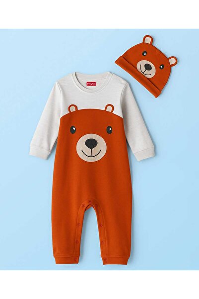 Babyhug 100% Cotton Knit Full Sleeves Romper With Cap Bear Embroidery & Appli...