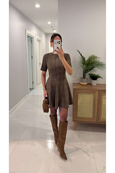 BİRCANÇİL Zr Nopre Milk Coffee Plaid Dress